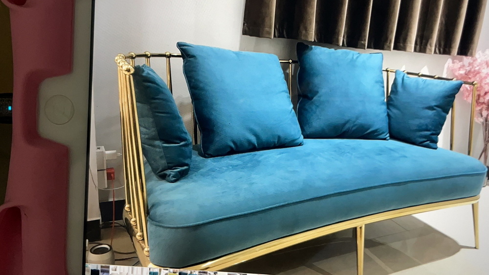 Blue Velvet Sofa with Gold Metal Frame